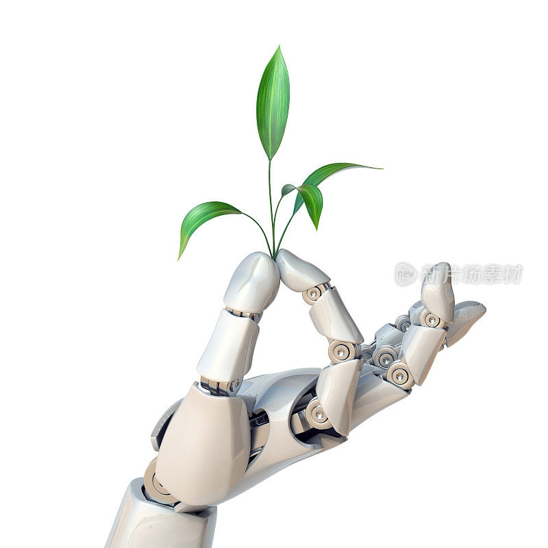 机器人手持植物，合成生命，基因工程概念，3d渲染