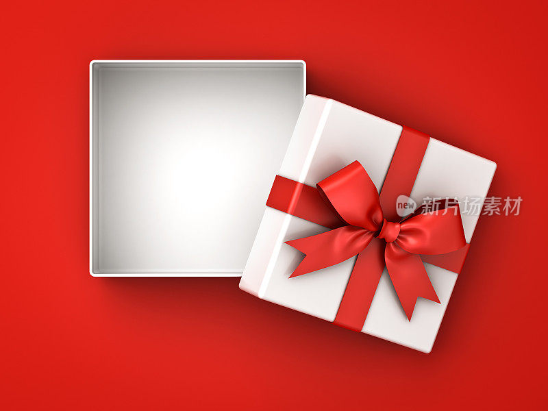 打开礼品盒，礼品盒用红色丝带蝴蝶结，盒子上的空白与红色背景上的阴影隔离