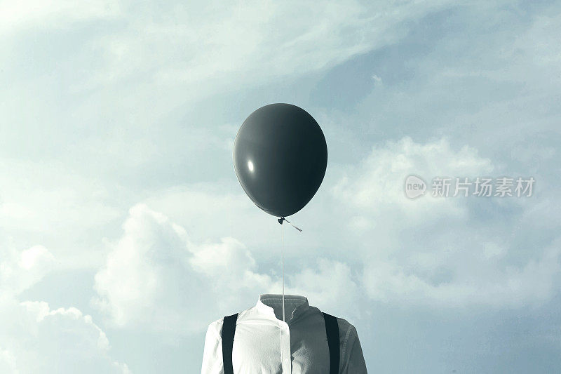 一个超现实的男人，头上挂着一个黑色的大气球