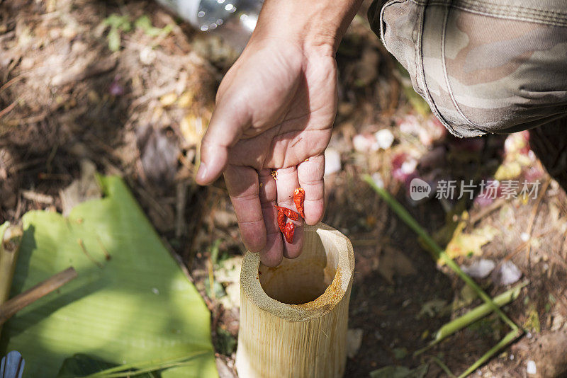 一只手拿着辣椒放在用竹子做的臼上