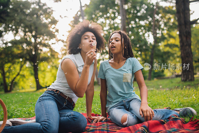 旁边坐着一个年轻女孩的女人在吹蒲公英花