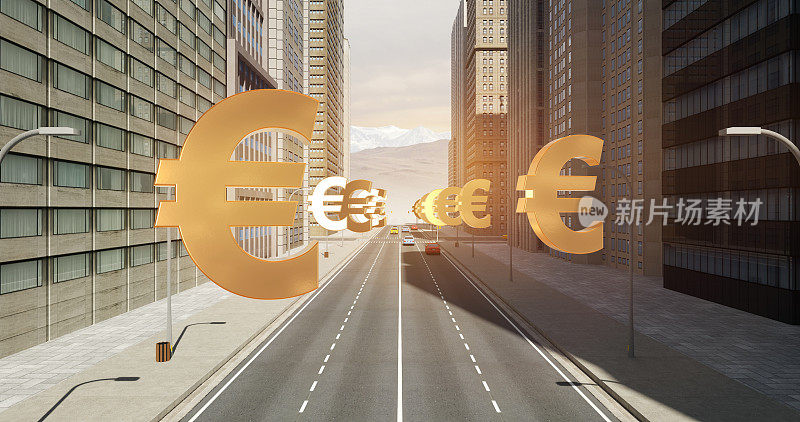 城市里的欧元标志——飞过马路