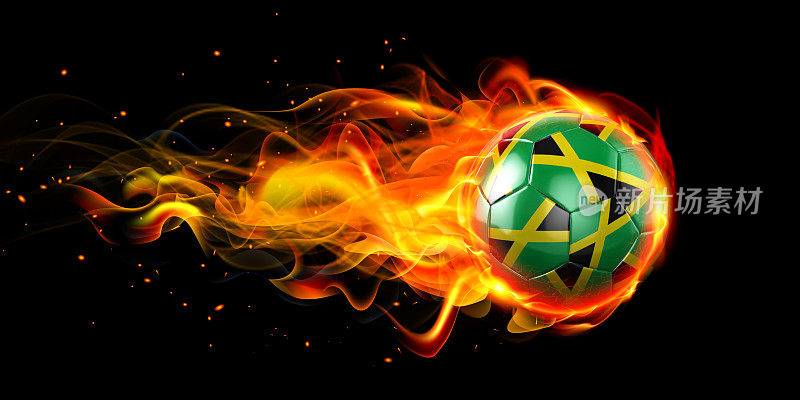足球或足球与牙买加国旗燃烧在黑色背景