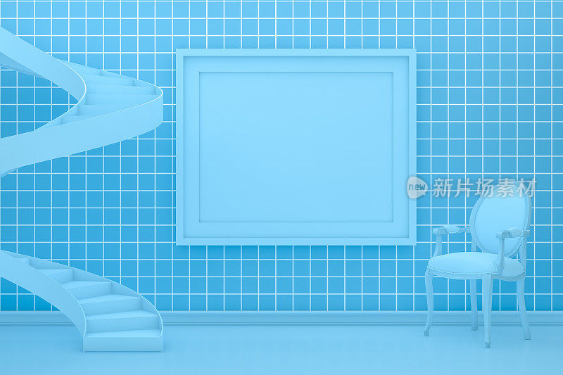 客厅空框、扶手椅、楼梯，蓝色格子墙