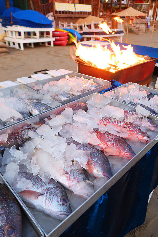 整条鱼在金属托盘的碎冰上保持新鲜，户外海滩餐厅，燃烧的烧烤