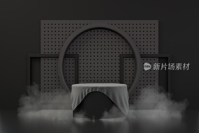 3D空产品站，平台，讲台和空框架，黑色背景