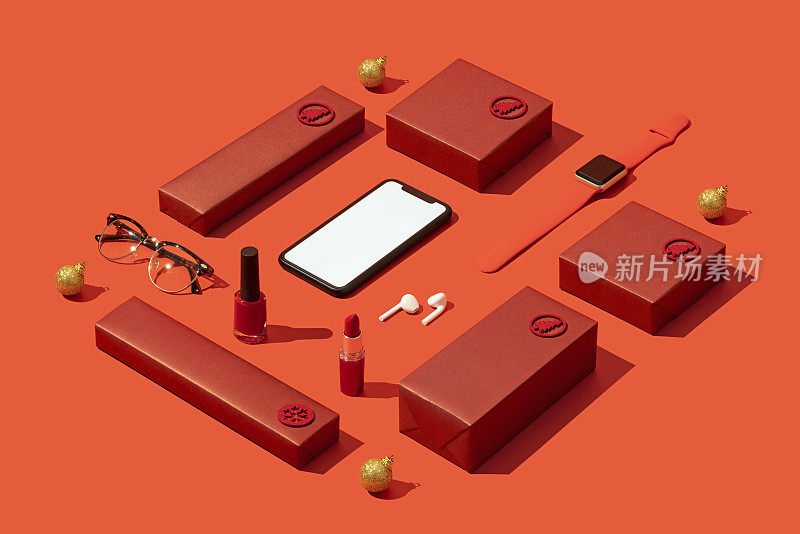 智能手机模型，模板上红色背景与红色礼品盒和化妆品，化妆品平铺。