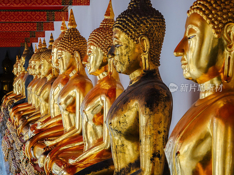 老挝万象一排金色佛像的侧视图