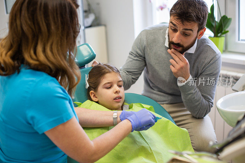 年轻的女孩正在她的牙齿检查在预约牙医的办公室。