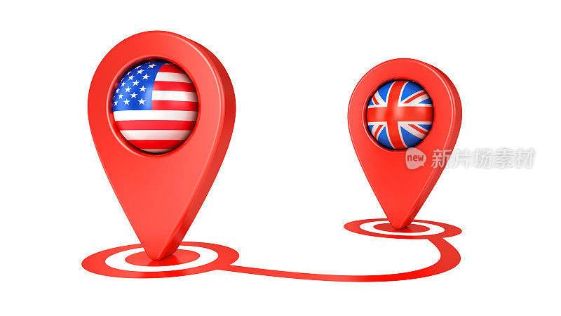 红色地图指针与旗帜美国和英国孤立在白色背景。销地图图标。全球定位系统(GPS)标记的地方。导航和旅行位置。开始和结束行程符号。
