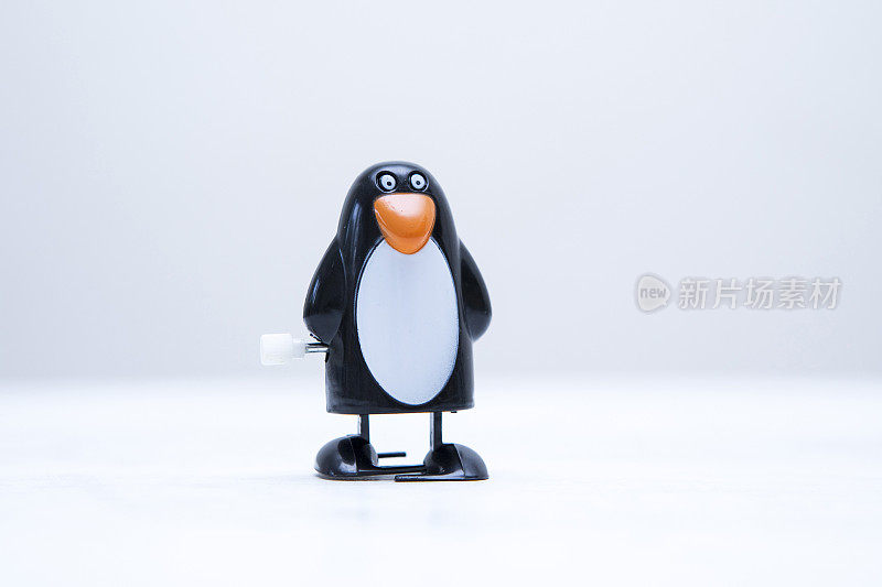 特写单发条企鹅玩具与复制空间