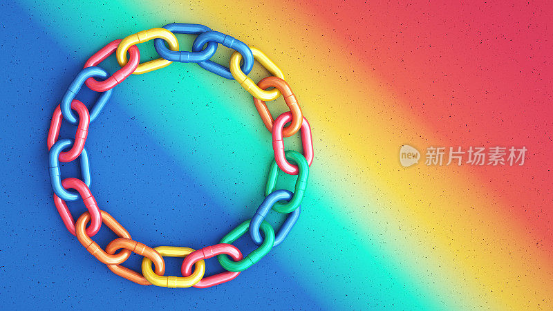 一圈彩色的链子，躺在彩虹的表面。广泛的水平组合。