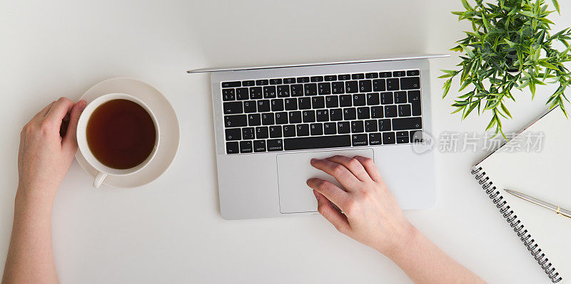 工作空间用女孩的手在笔记本电脑键盘上和一杯茶，笔记本