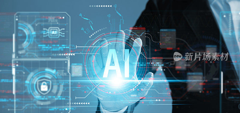 人工智能(AI)的发展，商务人士体验大脑功能，人工智能算法，新一代互联和创新技术，机器学习。