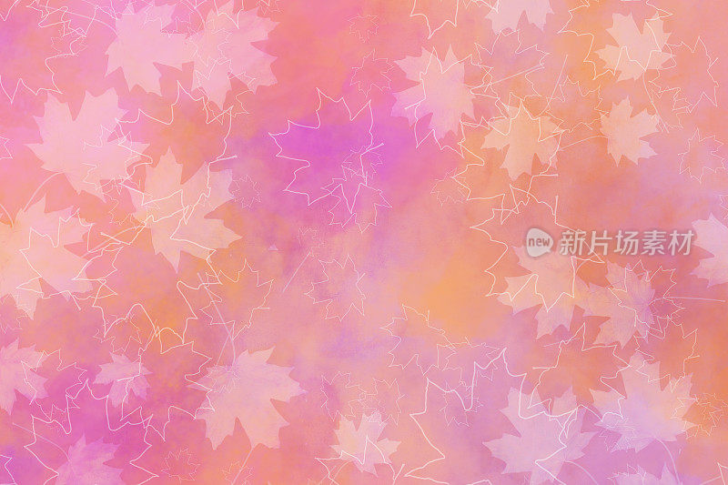 飘落的枫叶在柔和的橙色粉红色水彩背景-秋叶的颜色