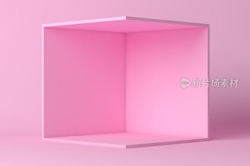 立方体盒子或角落房间内部横截面。粉红色的空几何正方形3D空白框模板