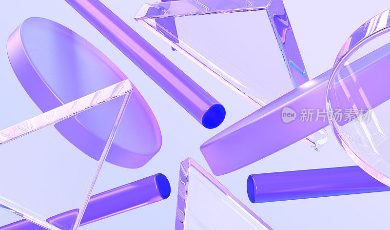 全息和玻璃几何形状3d渲染。飞行虹彩全息柱体，管，水晶盘，三角形与渐变纹理在紫色抽象的背景，图案