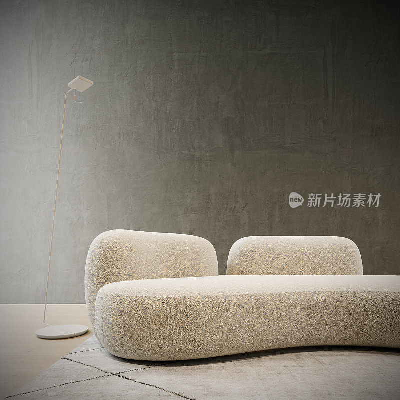 现代白色沙发与空混凝土墙背景。当代室内设计。