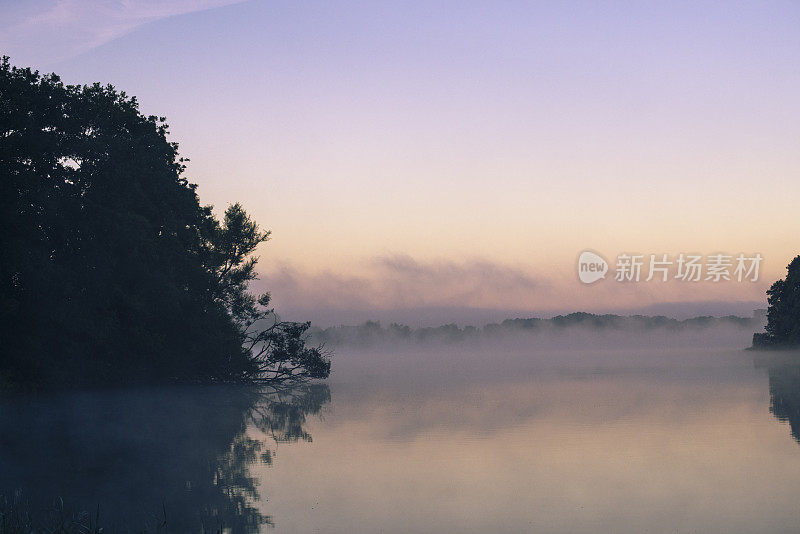 有雾的早晨，埃尔德，Müritz，梅克伦堡Vorpommern