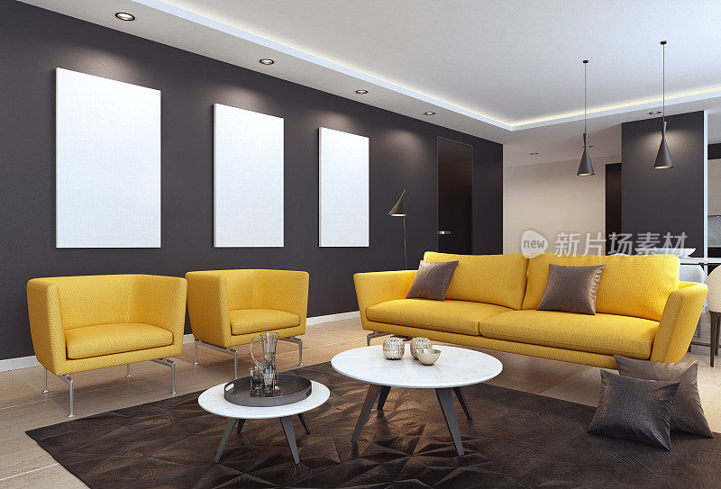 豪华的客厅内部与现代黄色家具和空白的图像在墙上
