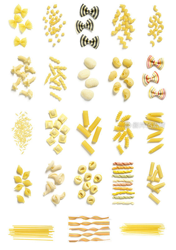 白色背景上的意大利面收藏