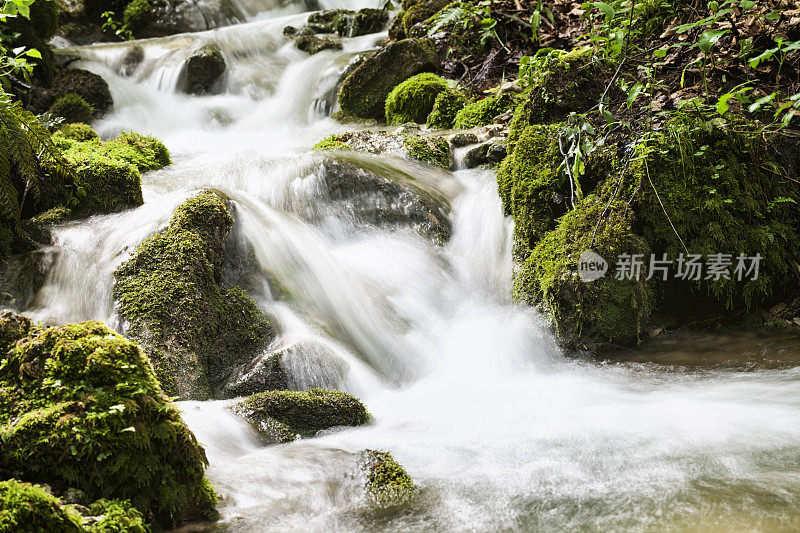 山间森林中流淌着小溪和岩石