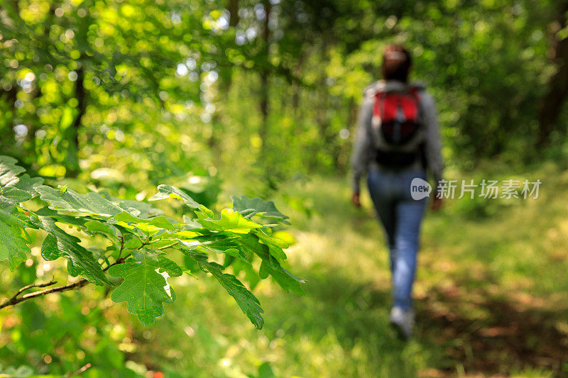 背着背包在森林里徒步旅行的女人