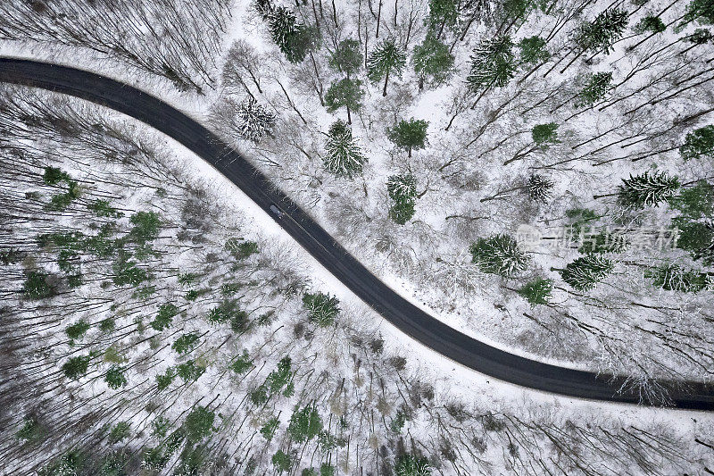 森林道路冬季鸟瞰图。