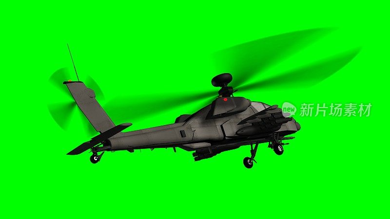 绿色屏幕上的武装阿帕奇攻击直升机正在飞行