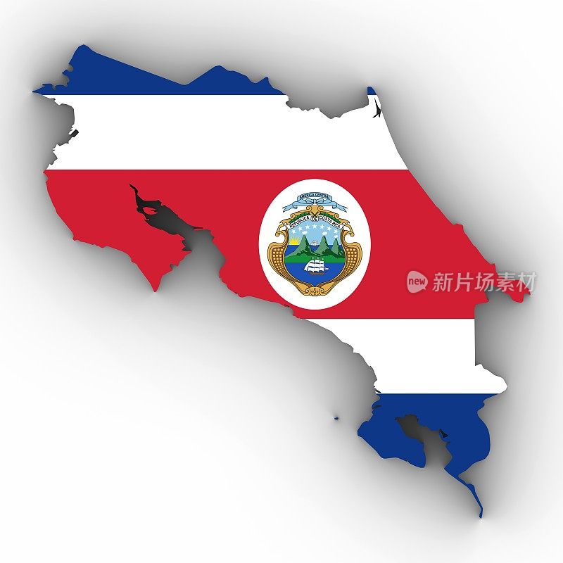 哥斯达黎加地图轮廓与哥斯达黎加国旗在白色与阴影3D插图