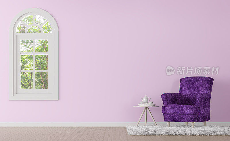 现代经典客厅用紫色和粉色三维渲染图像