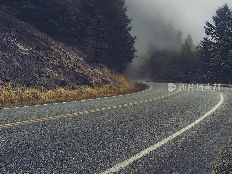 蜿蜒的公路在迷雾中穿过华盛顿州的霍雨林