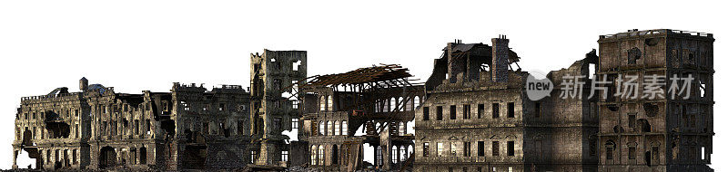 废墟建筑孤立在白色3D插图
