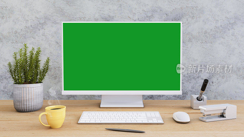办公桌与大型PC电脑屏幕与绿色背景-模板