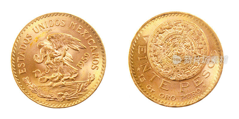金币墨西哥比索的正面和背面的纯金，孤立在纯白色的背景