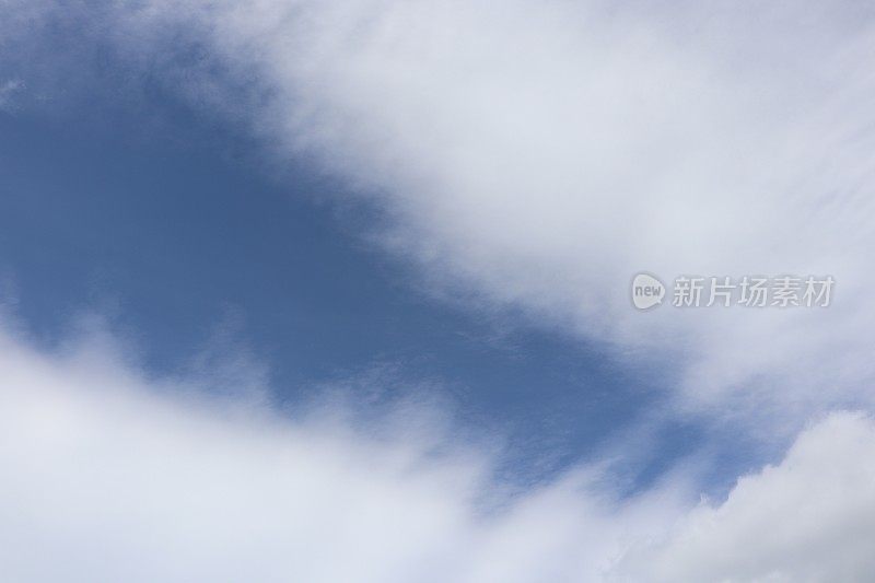 蓝色天空映衬着蓬松、缕缕白云的特写