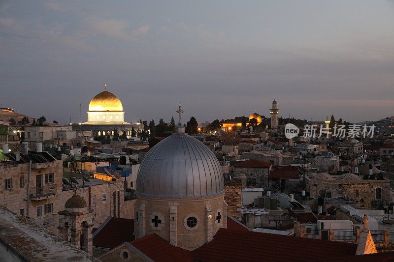 耶路撒冷老城日落夜鸟瞰图