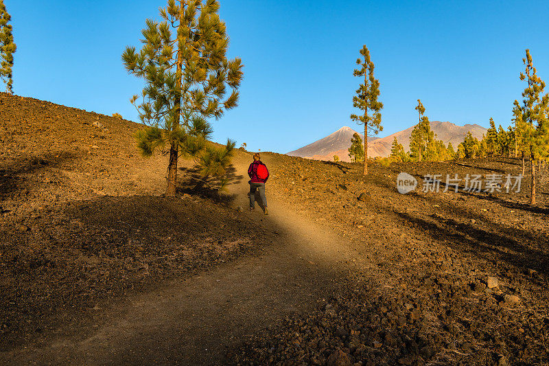 西班牙特内里费，一个成熟的女人在拍摄埃尔·特多火山下的一条道路