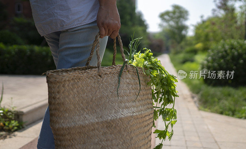 年轻女子提着菜篮子走路