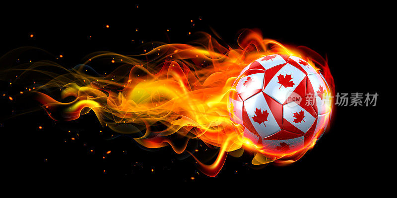 足球或足球与加拿大国旗着火的黑色背景