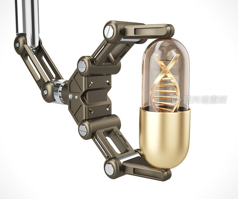 机器人手臂上有带DNA的金色药丸