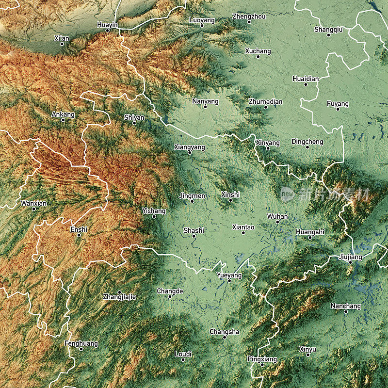 中国湖北三维渲染地形图颜色边界城市