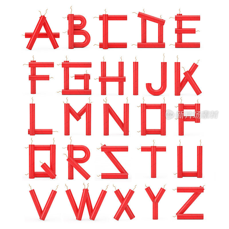 字母设置为炸药棒字母表集合。3d渲染