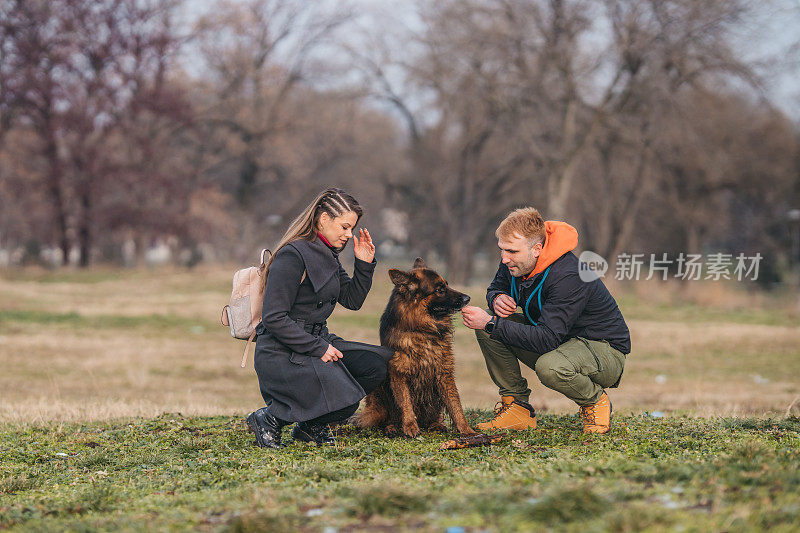 一对恩爱的夫妇和一只德国牧羊犬在公园里