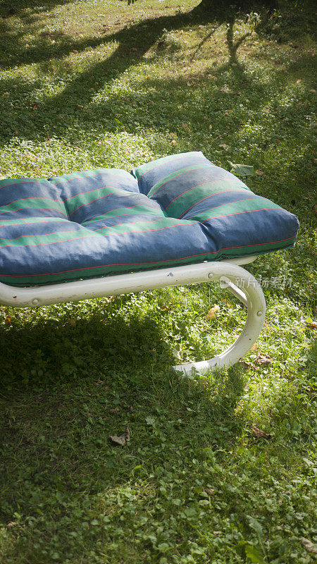 绿色花园中的带靠垫的躺椅