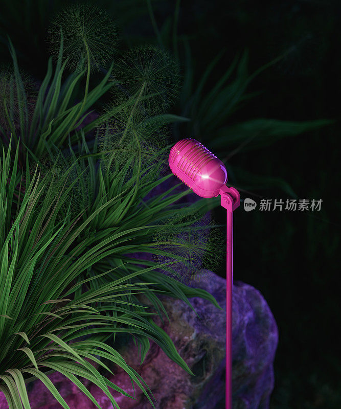 粉红色的麦克风在夜间自然。3d渲染，3d渲染。