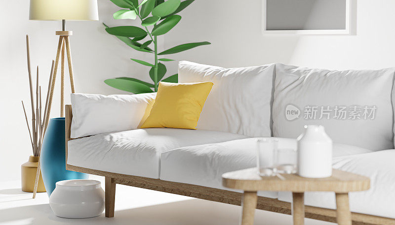 极简主义客厅白色沙发黄色枕头。斯堪的纳维亚室内设计3D渲染