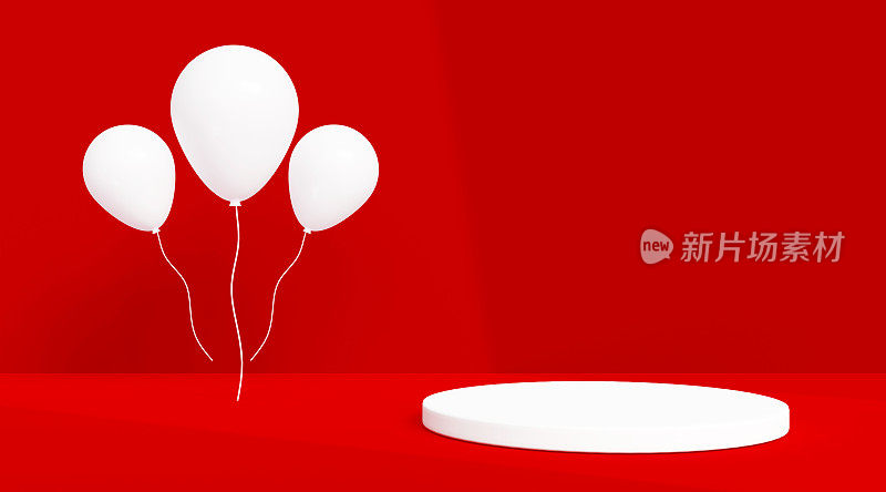 抽象产品演示讲台基座与一组白色气球在红色背景