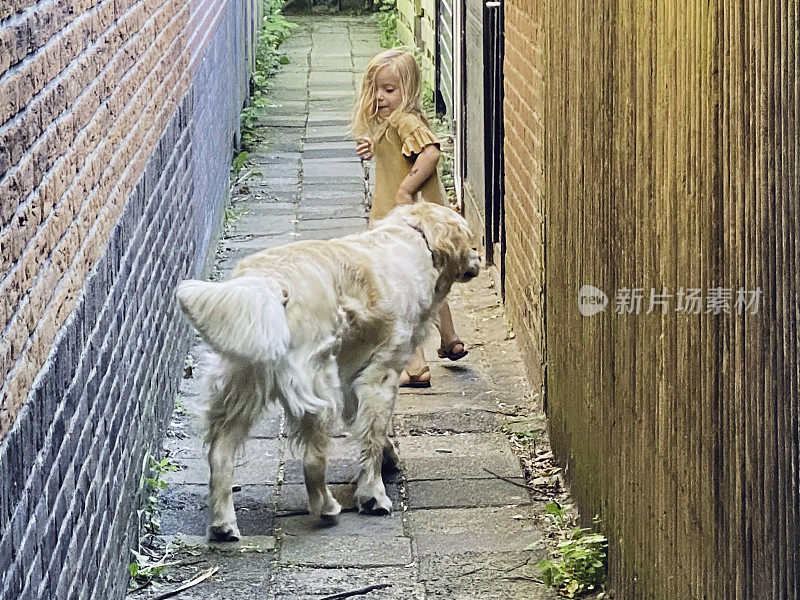 蹒跚学步的小女孩带着她的狗散步