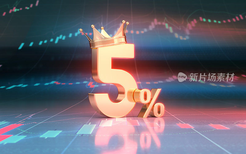 国王皇冠5%的标志坐在金融图表上